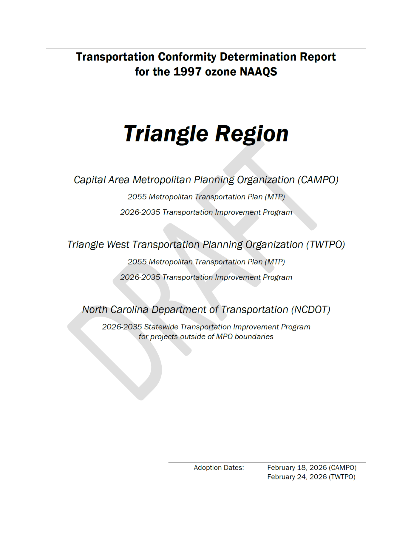 Cover of the Triangle Region Transportation Conformity Determination Report. The cover is in black and white. 