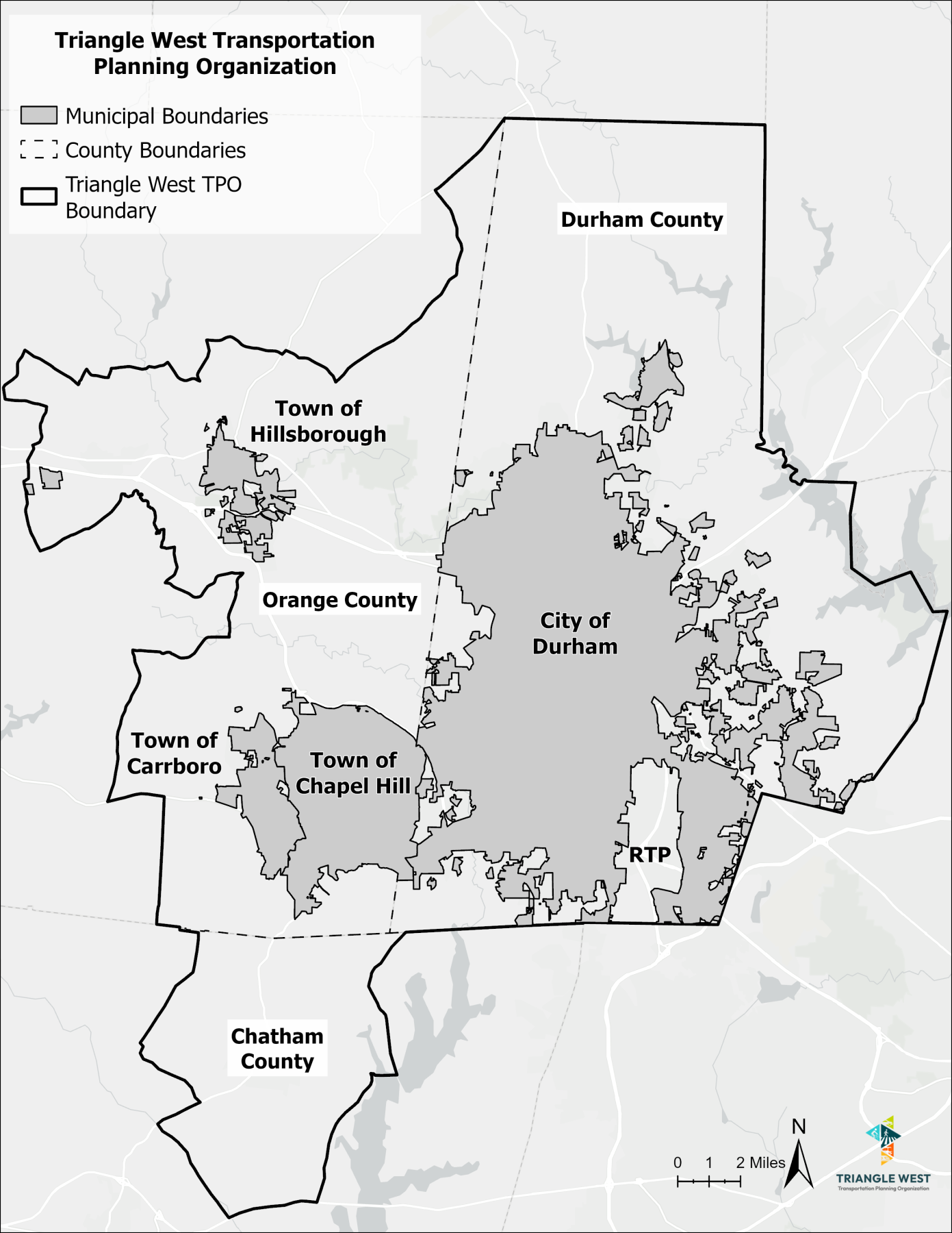 A map of the Triangle West Transportation Planning Organization's member's and their boundaries.